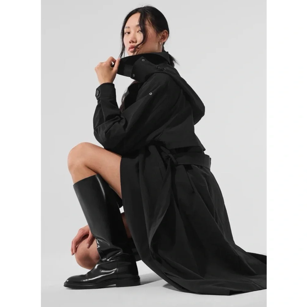 ALO Yoga Daybreak Long Coat Black Hooded Detachable Belt